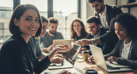 Group of young business people in smart casual wear are using gadgets and smiling while working in officeの素材