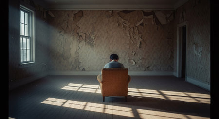 Young man sitting in an armchair in an empty room at sunsetの素材