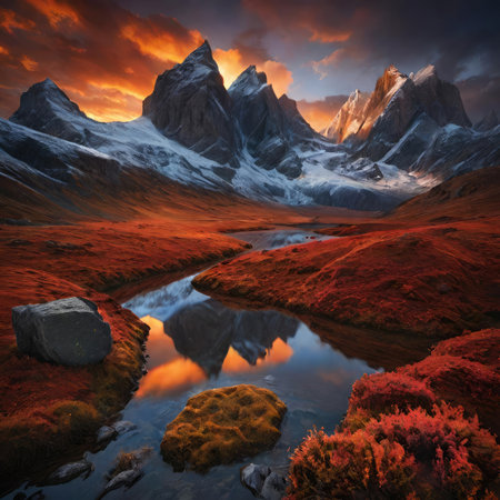 Fantasy autumn landscape with mountain lake and snow-capped peaksの素材
