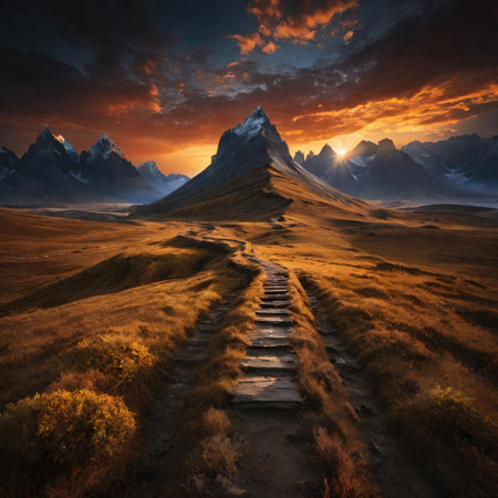Beautiful mountain landscape with a path leading to the top of the mountainの素材