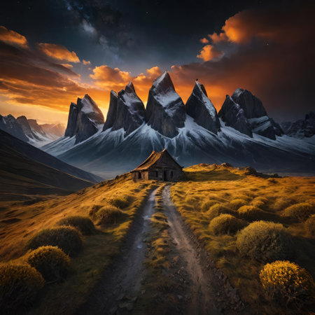 Fantasy landscape with old abandoned house in the mountains at sunset.の素材