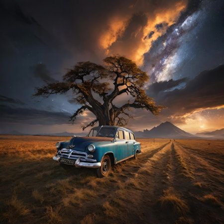Lonely tree and old car in the desert. 3d renderの素材