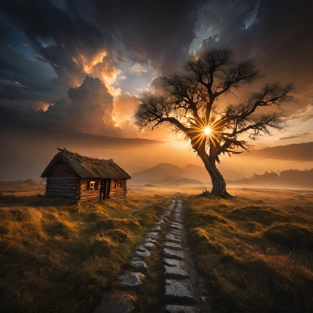 Lonely old house in the meadow at sunset, 3d renderの素材