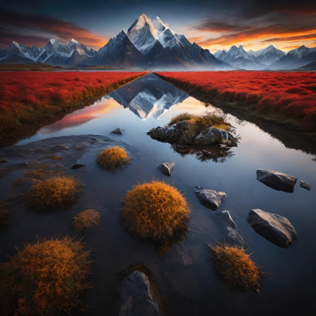 Mountain landscape with red grass and reflection in water. Sunset.の素材