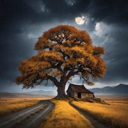 Autumn landscape with old wooden house and big tree in the fieldの素材