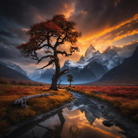 Fantasy landscape with a lonely tree in the middle of the riverの素材