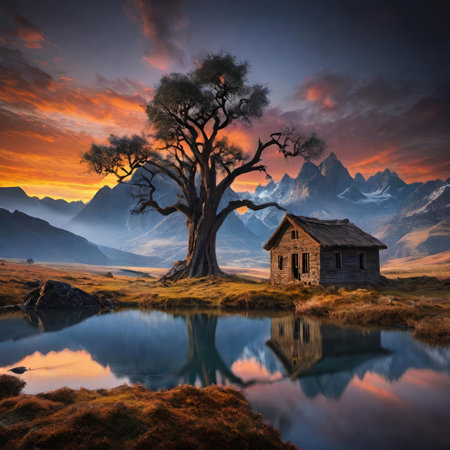 Fantasy landscape with old house and tree on the lake at sunsetの素材