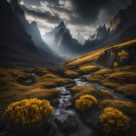 Fantasy landscape with a river in the mountains. 3d renderの素材