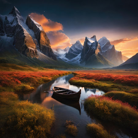 Fantasy landscape with a boat in the lake and mountains in the backgroundの素材