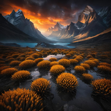 Fantasy landscape with alpine meadows and snowcapped mountainsの素材