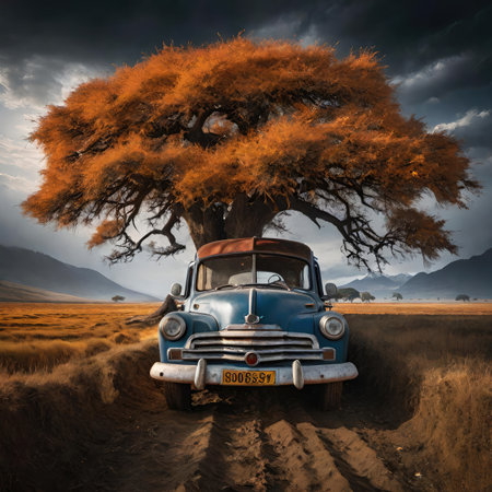 Old american car on the road in the savannah of Africaの素材