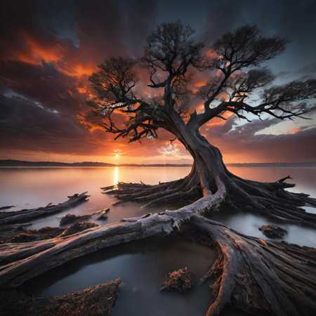 Sunset over a lake with a tree in the foreground and a dramatic skyの素材