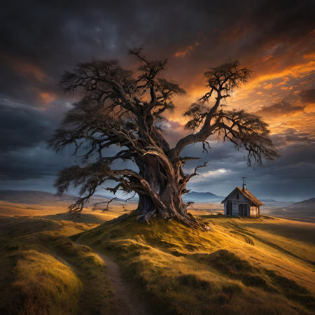 Fantasy landscape with old tree and church in the mountains at sunsetの素材