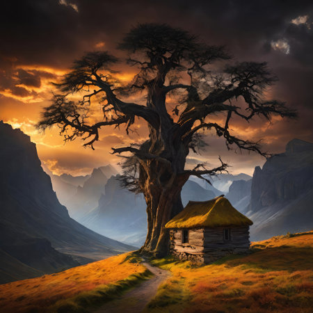 Fantasy landscape with old house and tree in the meadow.の素材