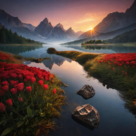 Tulips on the lake at sunrise. Beautiful natural landscape.の素材