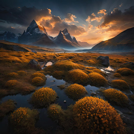 Fantasy landscape with snow-capped mountains and lake at sunsetの素材