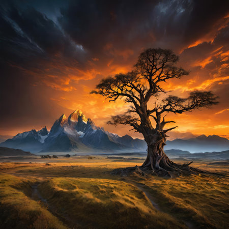 Fantasy landscape with old tree and mountain peaks. 3D renderingの素材