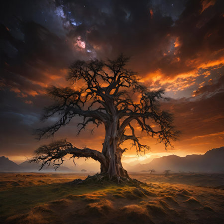 Old tree in the desert at sunset. 3d render illustration.の素材