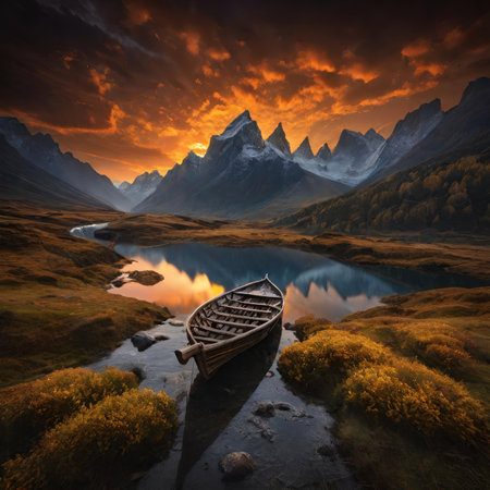 Fantasy landscape with a boat on the lake and mountains in the backgroundの素材