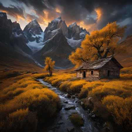 Autumn landscape with old wooden house and mountain stream. 3d renderingの素材