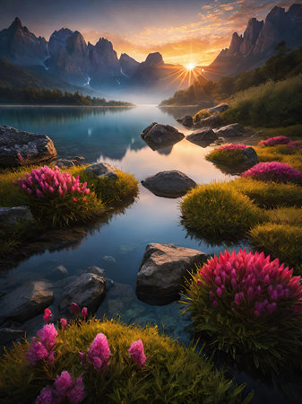 Colorful summer landscape with a lake in the mountains. Sunrise.の素材