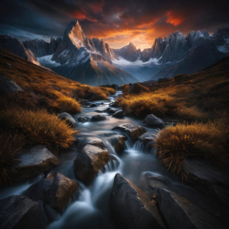 Fantastic mountain landscape with a stream of water and snow-capped peaksの素材