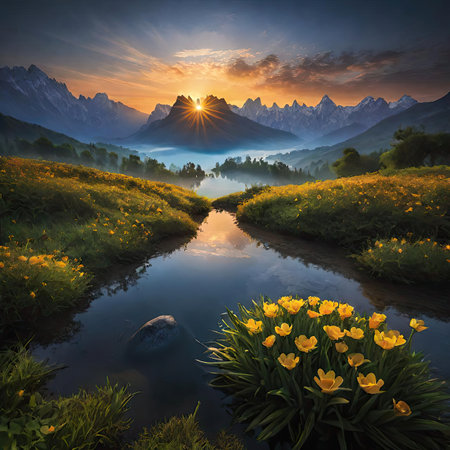 Sunset in the mountains with a small stream and yellow tulipsの素材