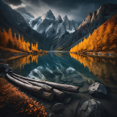 Fantastic autumn landscape with mountain lake. Dramatic overcast sky.の素材