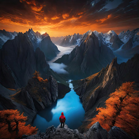 Mountain landscape with a man standing on the edge of a cliff.の素材