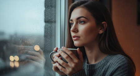 beautiful young woman drinking coffee and looking through window at rainy dayの素材