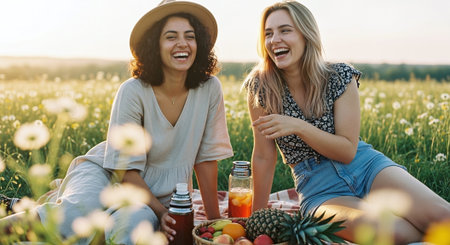 Two young women sitting on a meadow and drinking juice. They are laughing.の素材