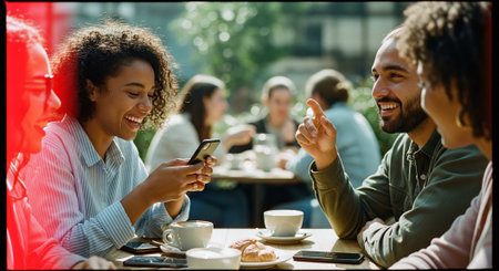 Group of young multiethnic people sitting in cafe and using mobile phoneの素材
