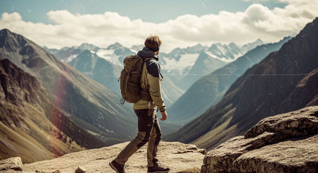 Hiker with backpack hiking in the mountains. Hiking concept.の素材