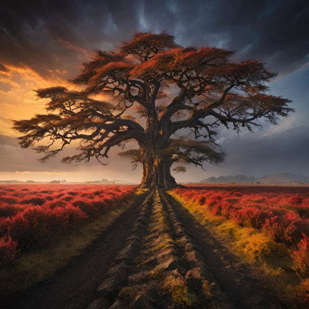 Dramatic sunset over a giant baobab tree in the fieldの素材
