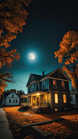 Autumn in the city. Houses on the background of the moonの素材