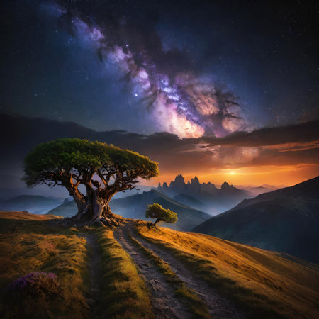 Fantasy landscape with tree and milky way in the mountains.の素材