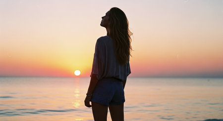 Beautiful young woman standing on the beach and looking to the sunsetの素材