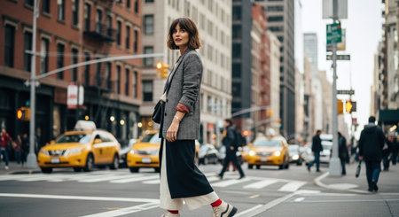 Beautiful young woman walking in New York City, wearing a gray coat and red high heels, crossing the street.の素材