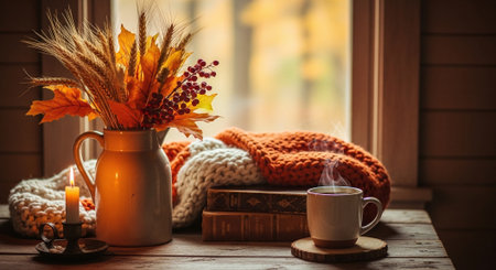 Autumn still life with cup of coffee, books, autumn leaves and knitted sweater on windowsillの素材