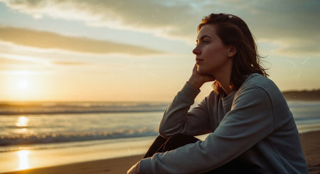 Portrait of a young woman sitting on the beach at sunset.の素材