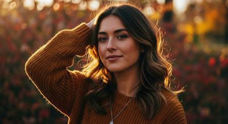 Portrait of a beautiful girl in a sweater on a background of autumn leaves.の素材