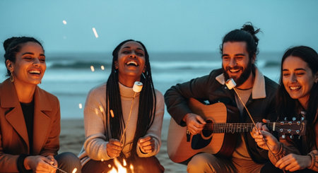 Group of friends having fun on the beach, playing guitar and singing.の素材