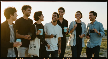 Group of young friends standing in a row on the beach and drinking coffeeの素材