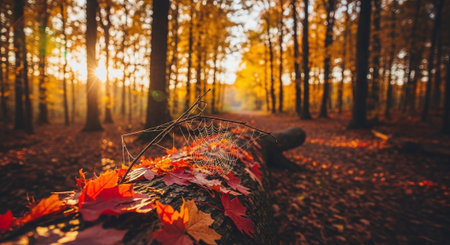 Beautiful autumn landscape with fallen leaves in the forest. Autumn backgroundの素材