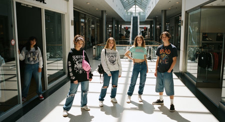 Group of young people walking in the corridor of a modern shopping centerの素材