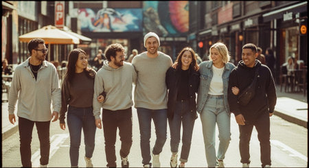 Group of friends walking in the city. Young people walking in the city.の素材