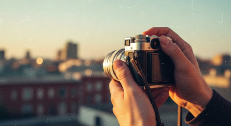 Closeup of female hands holding retro camera with cityscape in the backgroundの素材