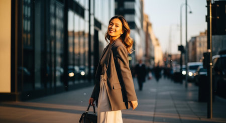 Portrait of a young business woman walking in the city at sunsetの素材