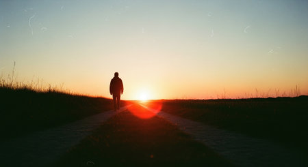 Silhouette of a man walking on a path at sunset.の素材