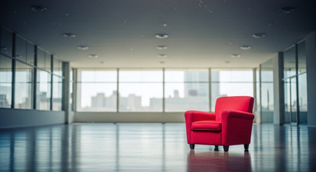 Red armchair in modern interior with city view. 3D Renderingの素材